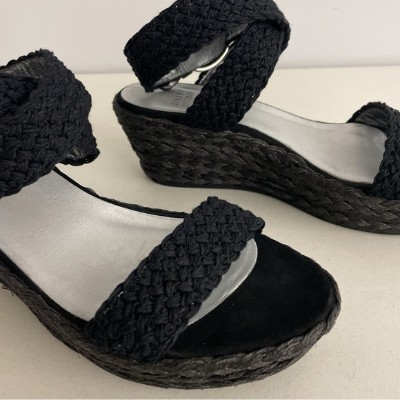 Stuart Weitzman Alex lo Wedge Espadrille Strappy Sandals Size 7.5 Black Woven - Picture 2 of 14